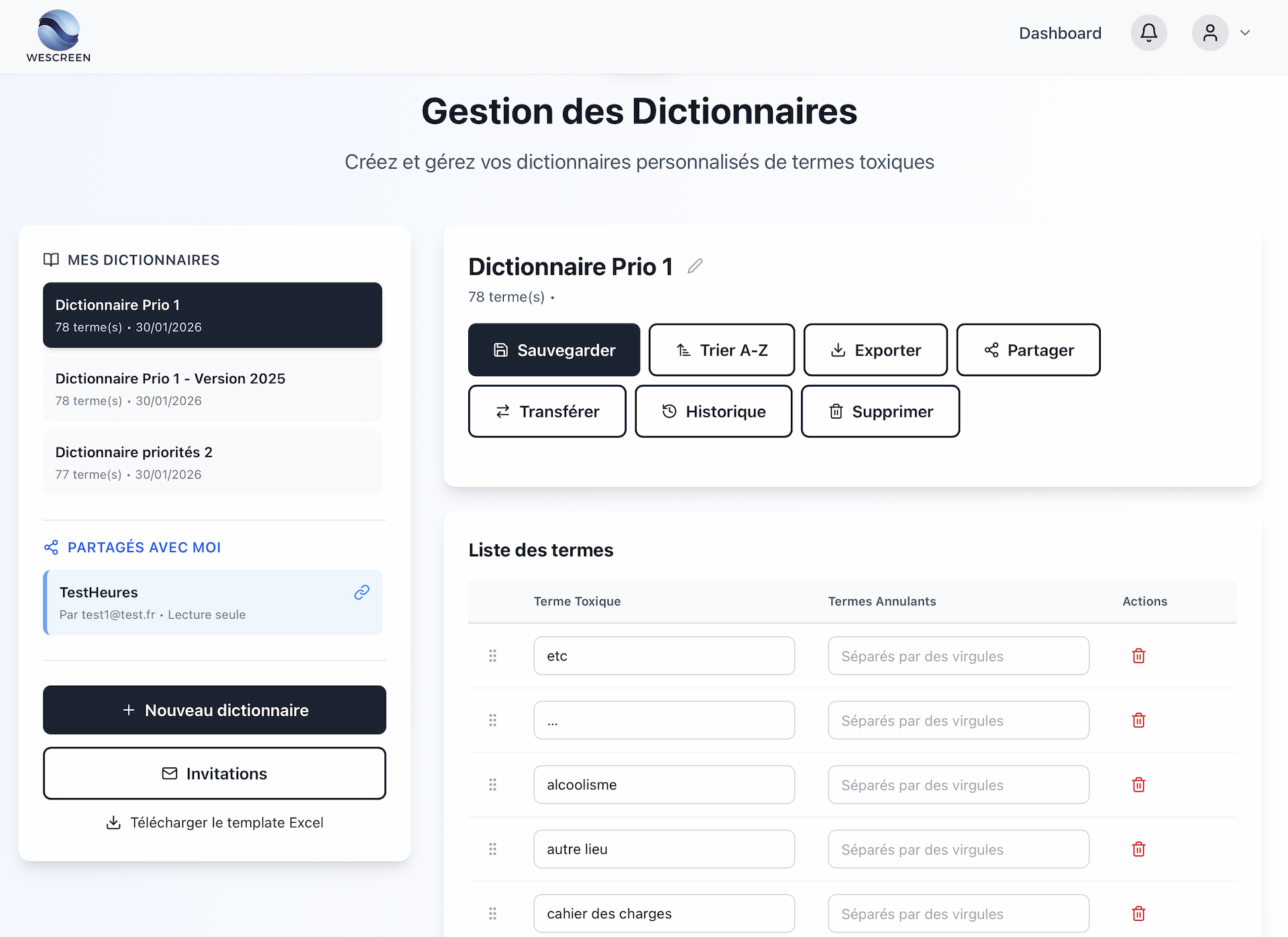 Interface de création de dictionnaire